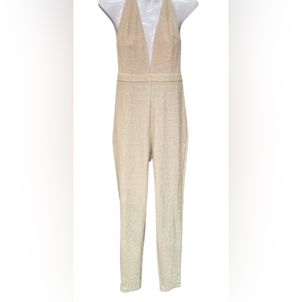 Meshki Backless Halter Gold Jumpsuit size M